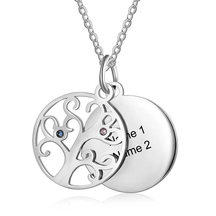 Tree of Life Birthstone Family Tree Necklace with 2 Names Pendant Disc Necklace Custom Gifts For Mother Kids
