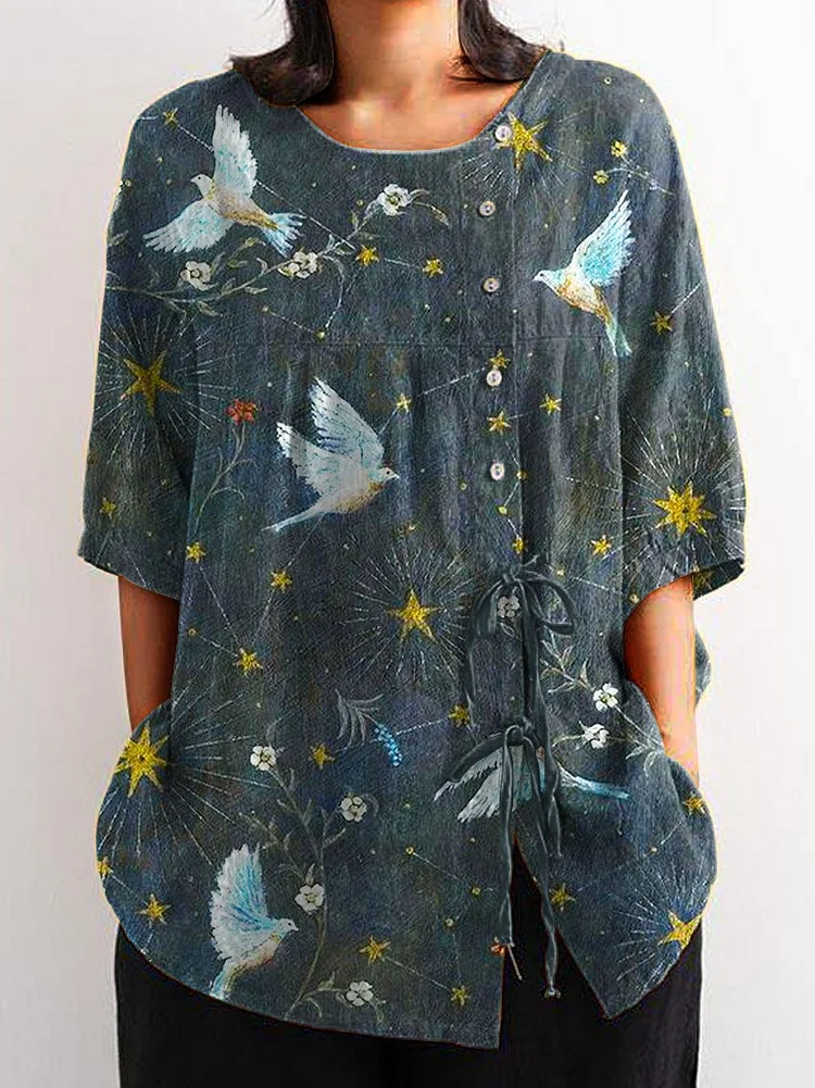 Women's Vintage Lovely Birds Stars Art Print Casual Cotton And Linen Shirt