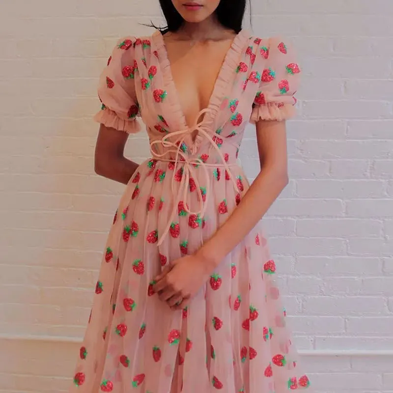 Women's Pink Strawberry Embroidery Tulle Dress