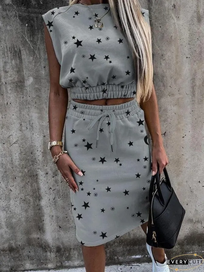 Casual Printed Sleeveless Drawstring Skirt Suit for Women