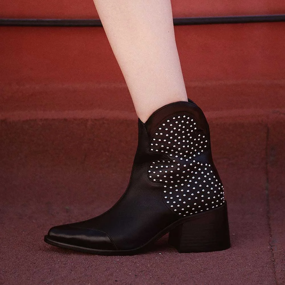 Black Studded Snip Toe Block Heel Zipper Ankle Cowgirl Boots for Women