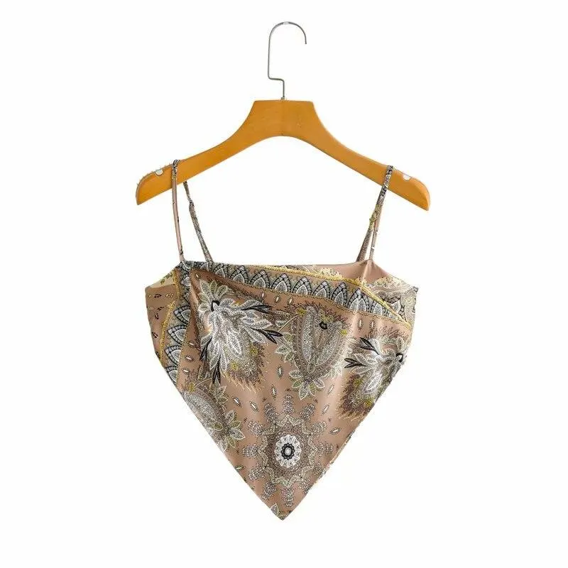 PUWD Casual Woman Slim Print Spaghetti Strap Satin Cropped Top 2021 Summer Sexy Ladies Beach Camisole Female Chic Backless Tanks