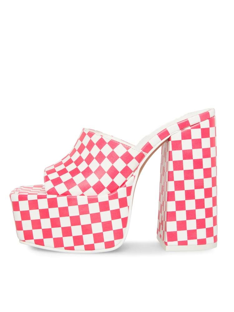 Square Toe Checkered Platform Chunky Heel Slippers Sandals
