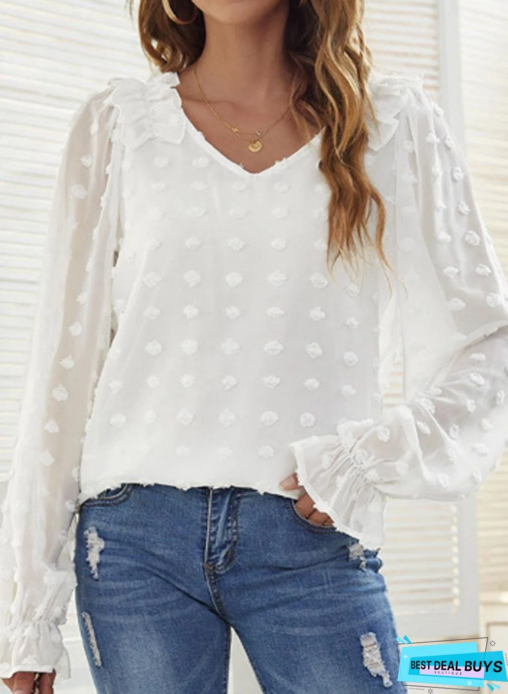 Casual Solid Color Long Sleeve V-Neck Blouse