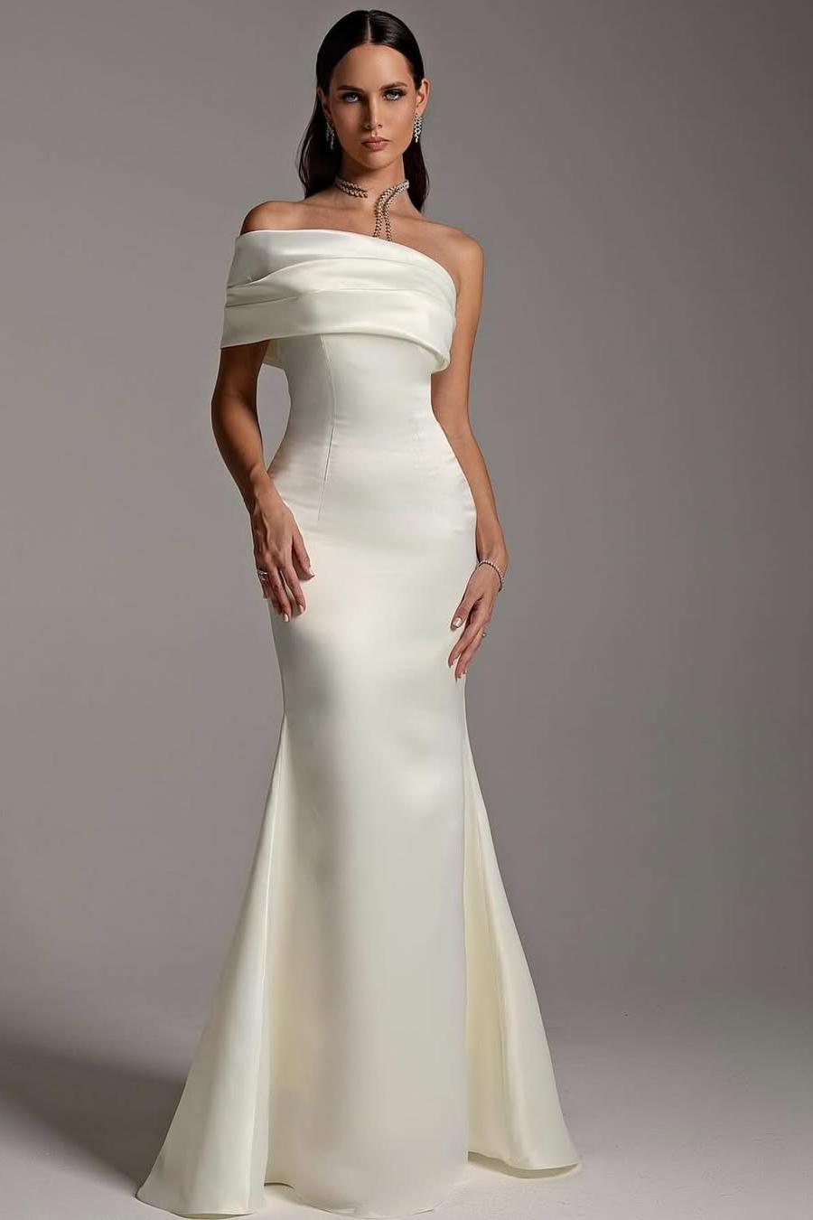 Lussooy Simple Strapless Long Mermaid White Satin One Shoulder Wedding Dress