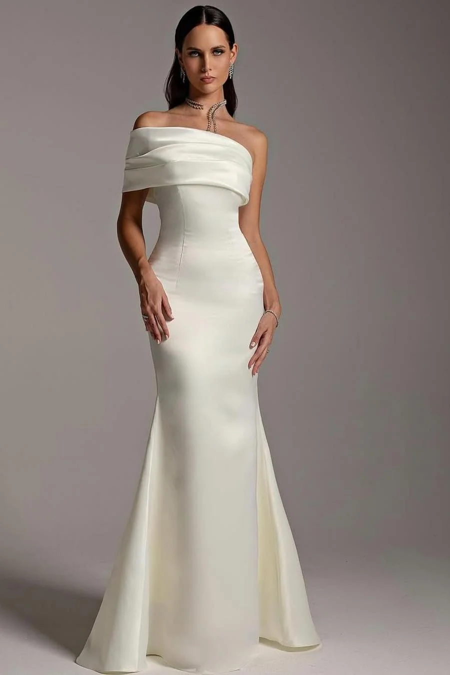 Miabel Simple White Satin One Shoulder Strapless Long Mermaid Wedding Dress with Pleated 