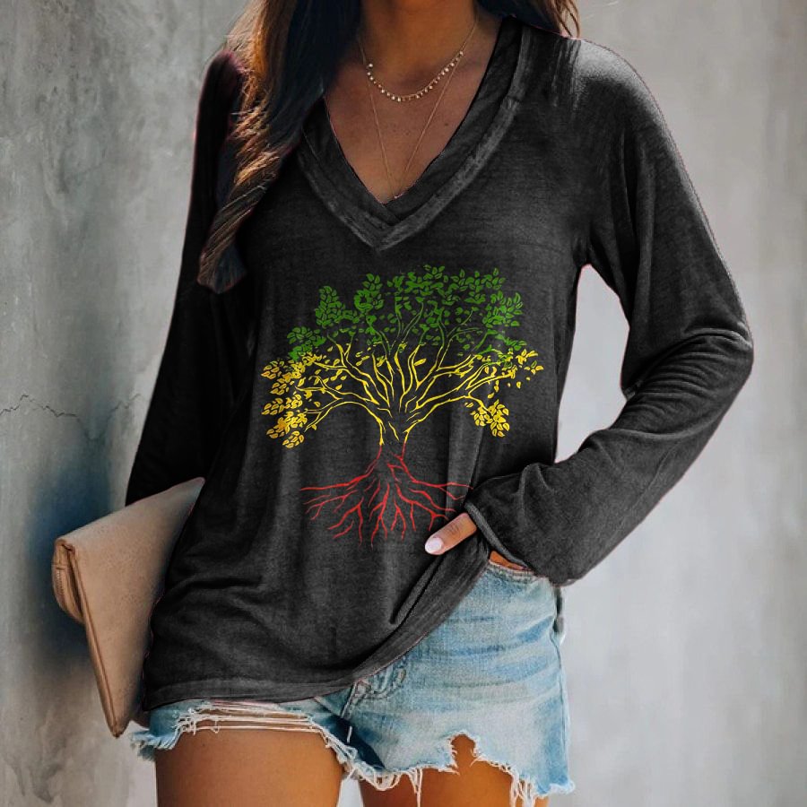 Tree Of Life Printed V-neck T-shirt