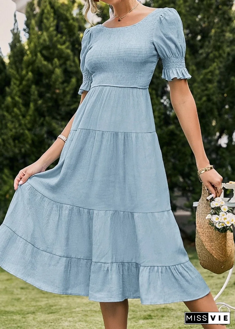 Boho Backless Puff Sleeves Midi Dress