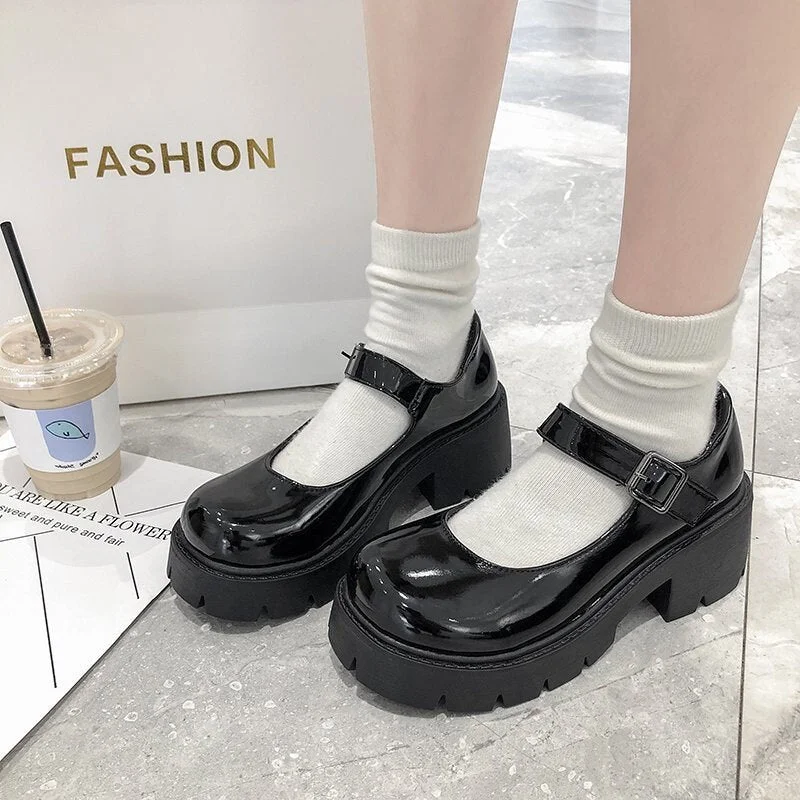 High Heels Shoes Women Pumps Platform Shoes Fashion Mary Jane Shoes Lolita shoes Black Leather Woman Round Toe Student Mujer