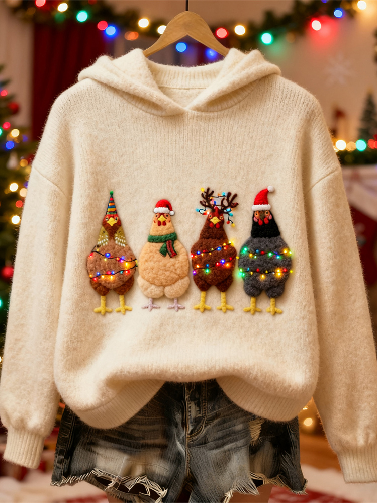 Christmas Lights Chicken Women's Knit Hooded Sweater wearshes