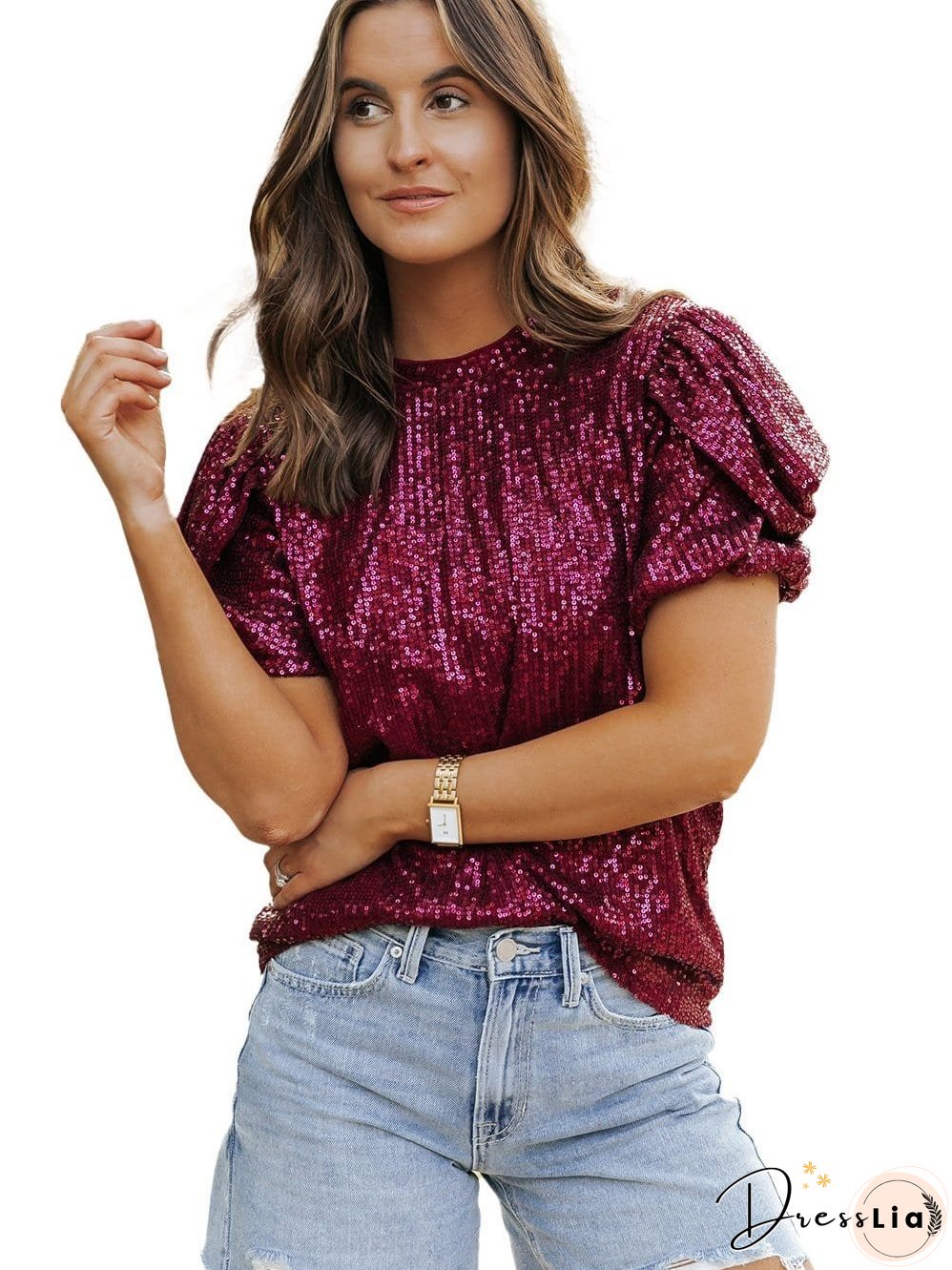 Chic Burgundy Sequin Blouse