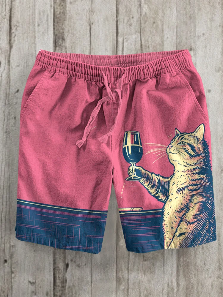Men's Cat Chilling With Red Wine Print Casual Shorts