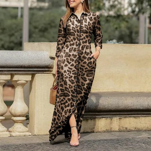Vonada Colors Womens Casual Leopard Print Long Maxi Dress Vintage Sleeve Button Lapel