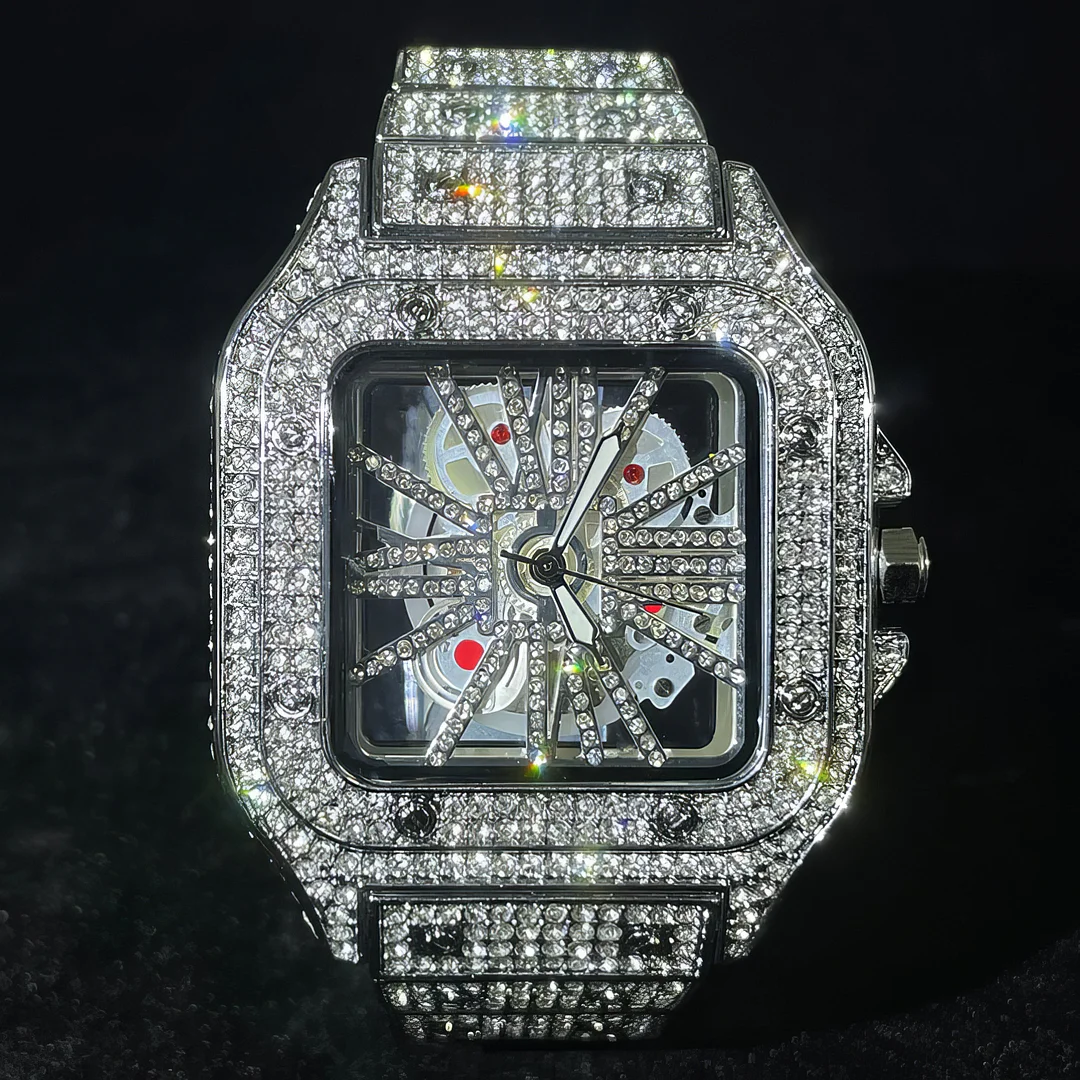 Iced Roman Numeral Square Skeleton Watch