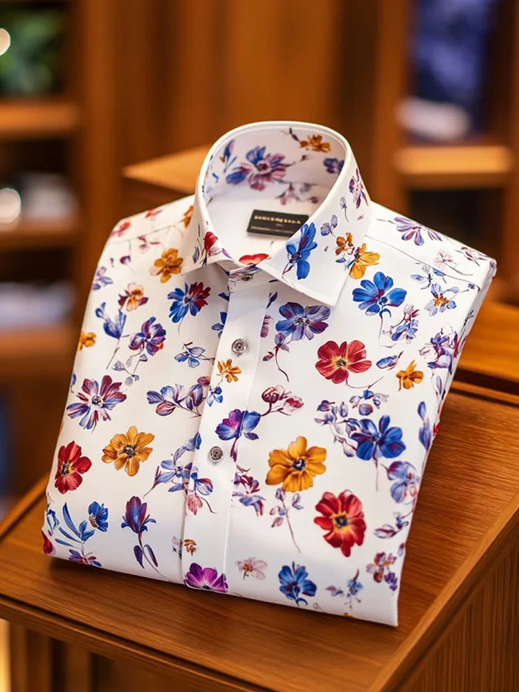 Men's Business Casual Floral Print Long Sleeve Polo Shirt