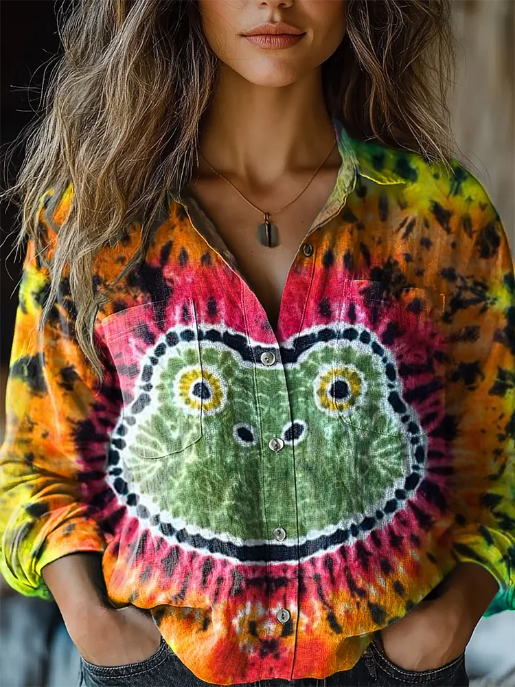Women's Vintage Tie Dye Frog Print Casual Long Sleeve Comfortable Cotton Shirt