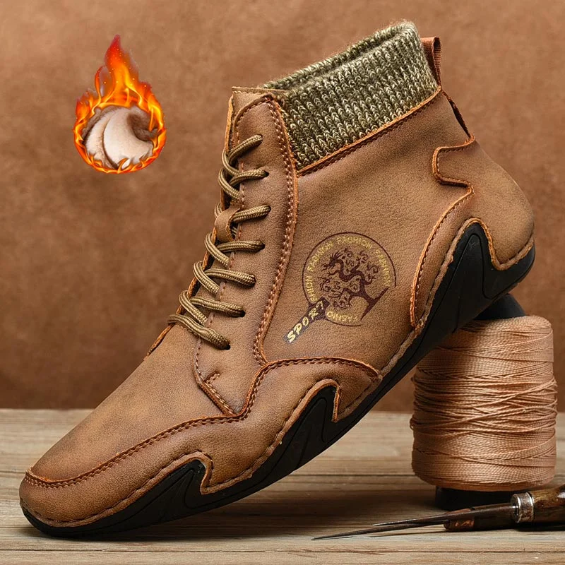 Nine o'clock Autumn Leather Vintage Men Boots Fashion Street High-top Shoes Winter Warm Lined Handmade Lace-up Botas de hombre