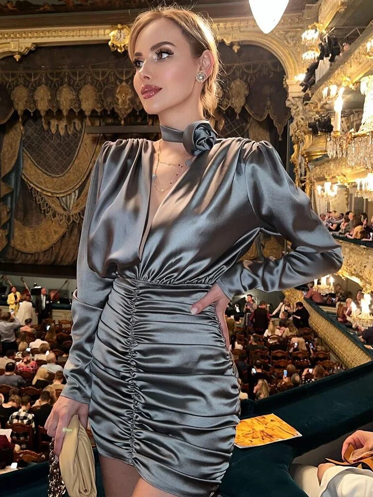 2023 Satin Long Sleeve V Neck Flower Scarf Backless Button Pleated  Slim Mini Dress Fall Winter Women Elegant Party