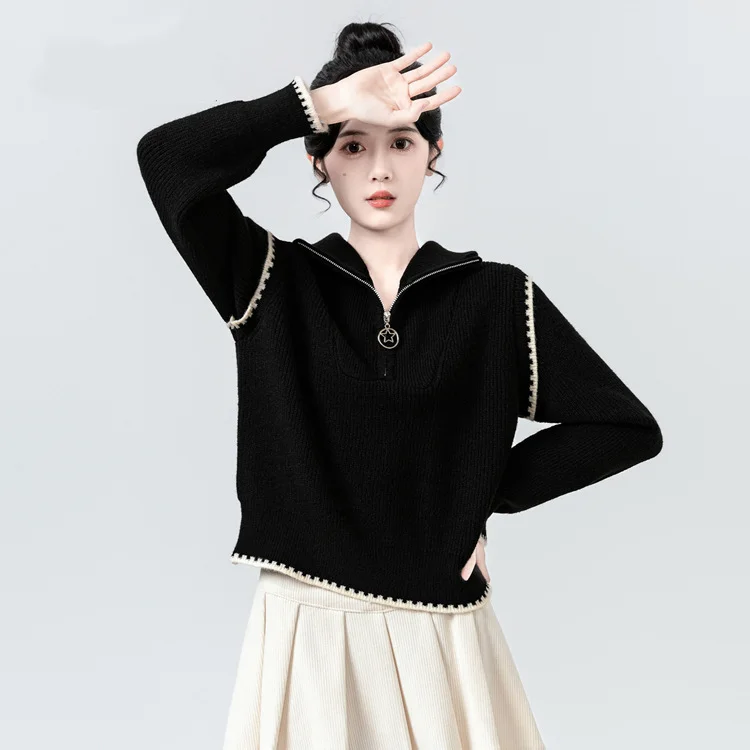 Athvotar Athvotar Turtleneck Sweater Women's New Winter Splicing Knitted Jersey Loose Design Top