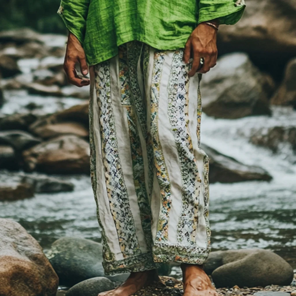 Men's Bohemian Holiday Style Vintage Ethnic Totem Print Cotton And Linen Casual Pants-inspireuse