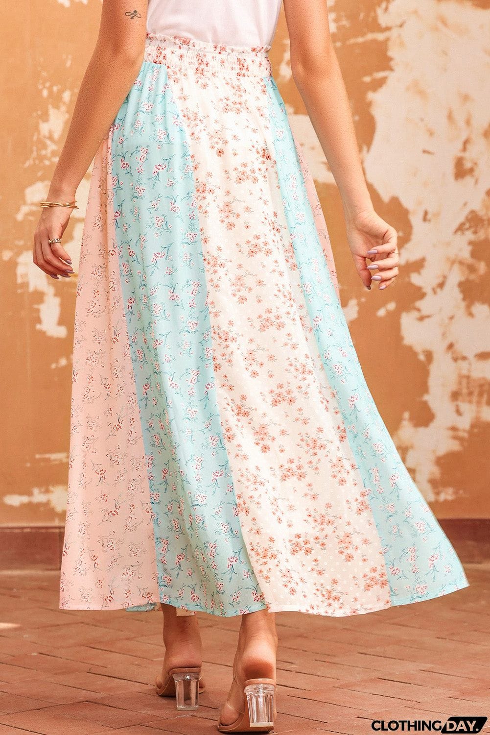 Floral Color Block Smocked Waist Maxi Skirt