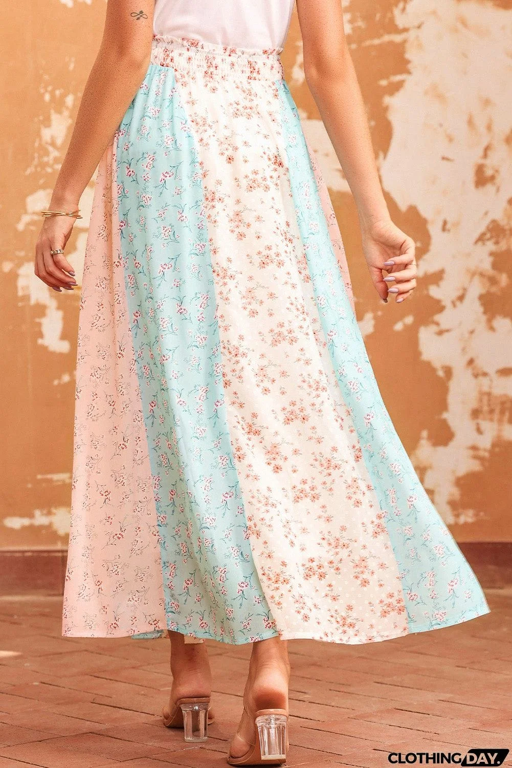Floral Color Block Smocked Waist Maxi Skirt