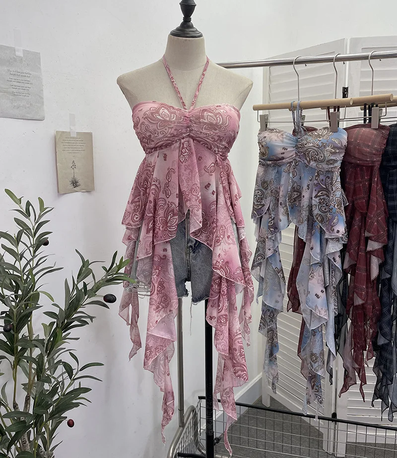 Uveng Summer Irregular Ribbon Hottie Hanging Neck Tector Screen Printing With Chest Pad Short Sling Vest 6668