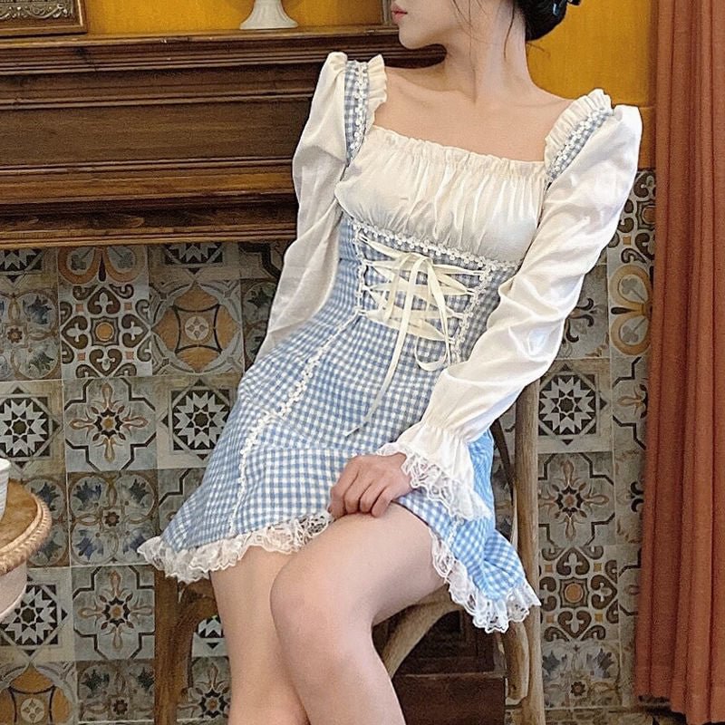 Summer Dresses Robes For Women Casual 2021 Kawaii Fairy Clothes Long Sleeve Strap Mini Maid Dress Lolita Harajuku Cottagecore