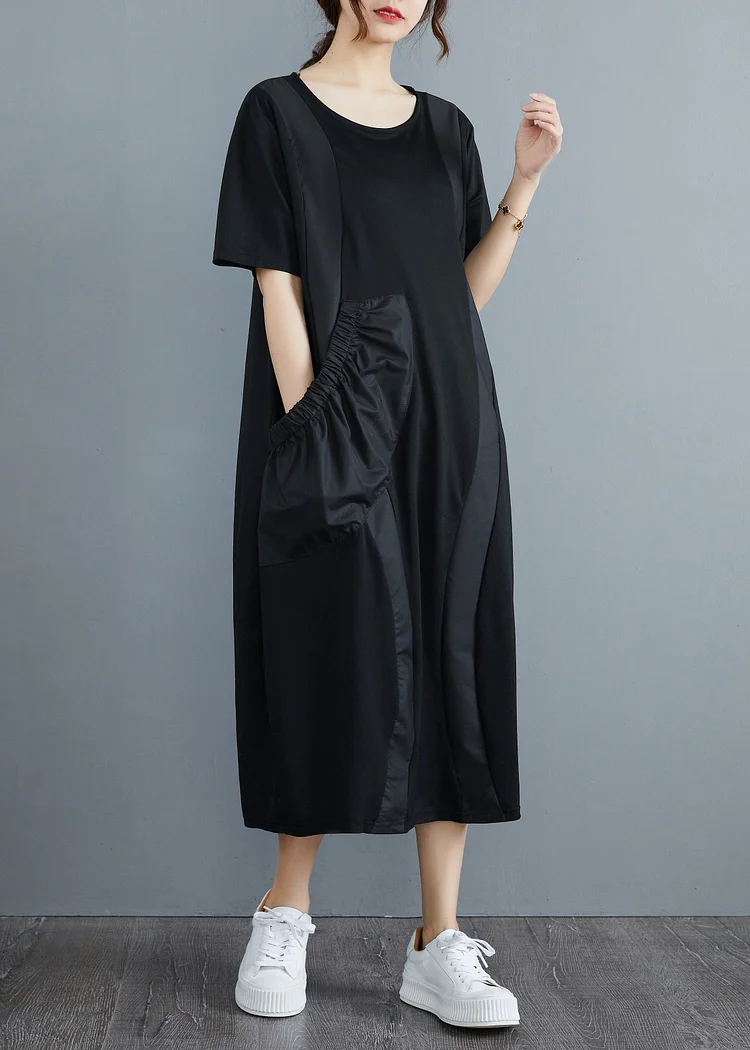 Women Black O-Neck Big Pocket Patchwork Long Dress Short Sleeve