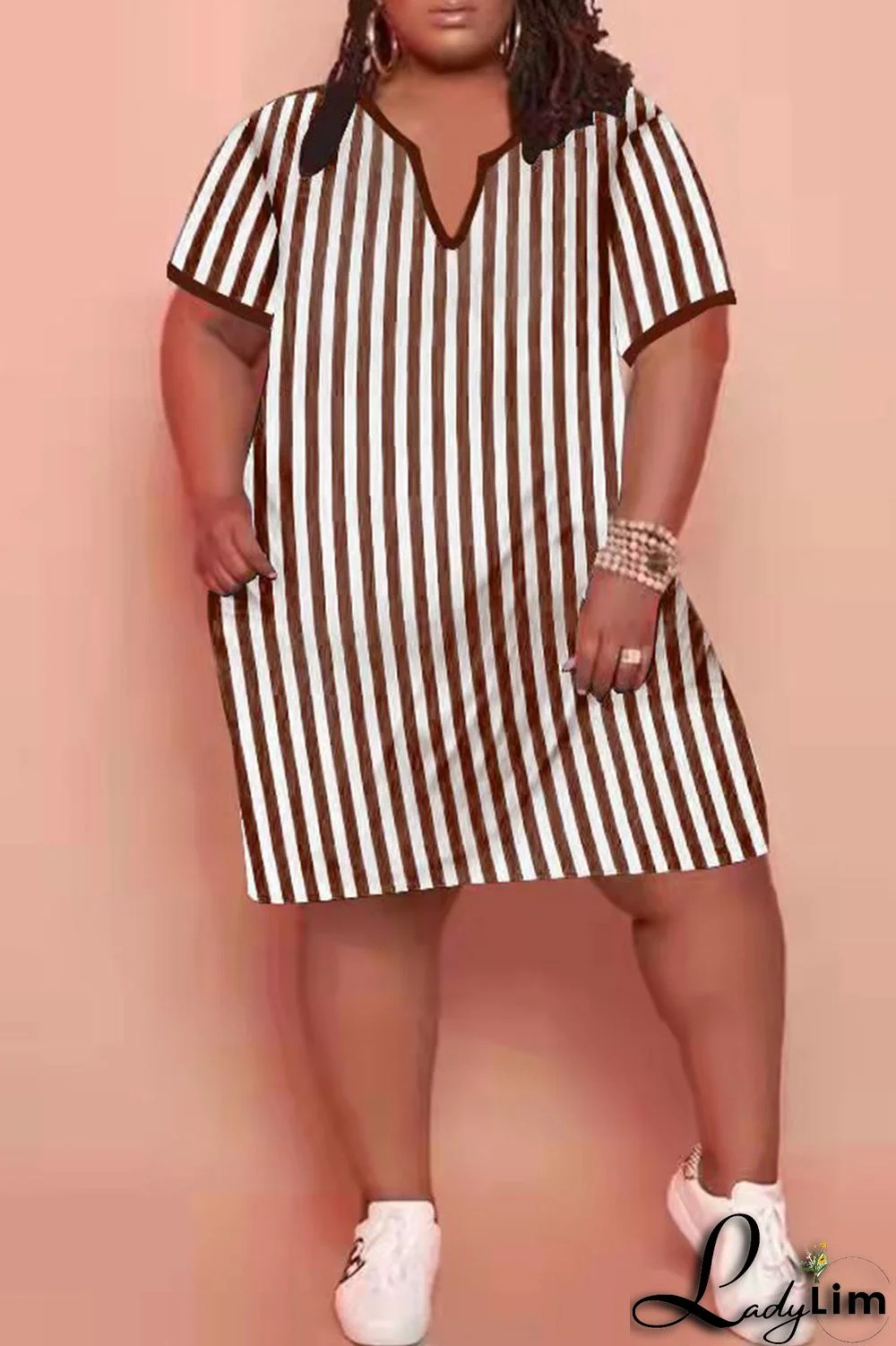 Dark Brown Fashion Casual Plus Size Striped Print Split Joint V Neck Short Sleeve Dress