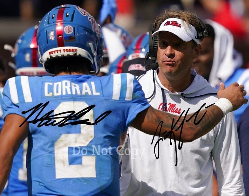 Lane Kiffin & Matt Corral Signed Photo Poster painting 8X10 rp Autographed Picture Ole Miss Football