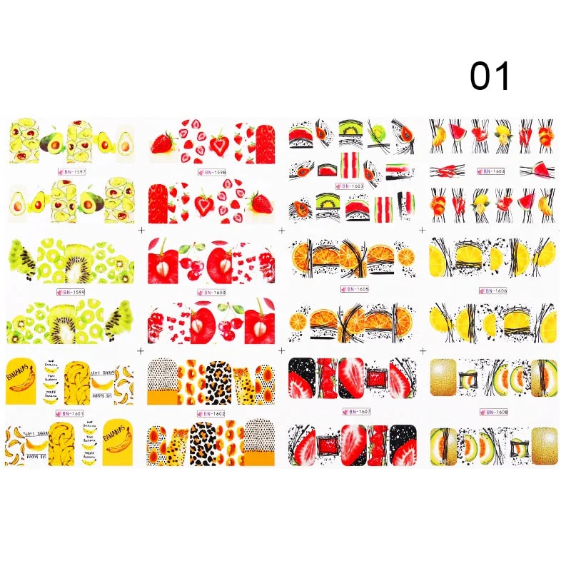 12Pcs Summer Fruit Water Decals Fruit/Kiwi/Banana/Lemon/ Strawberry Designs DIY Nail Stickers Wraps Slider Decoration