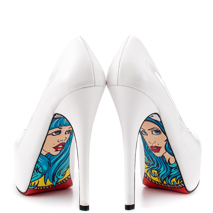 Women's White Navy Stiletto Heels Floral Print Platform Shoes |FSJ Shoes