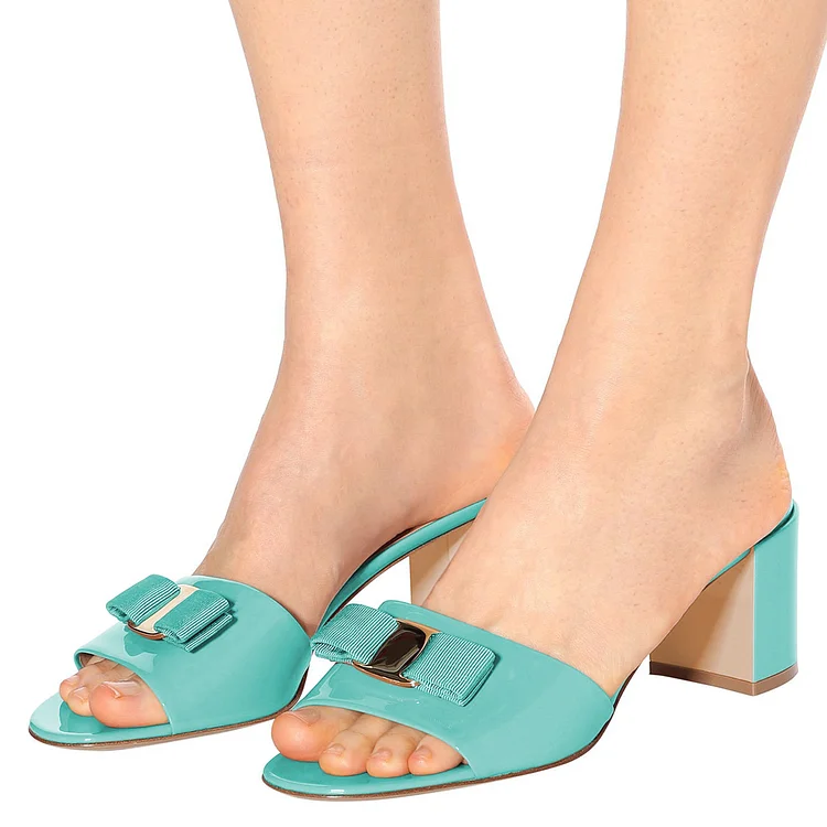 Turquoise Patent Leather Block Heel Sandals Open Toe Bow Mules Shoes |FSJ Shoes