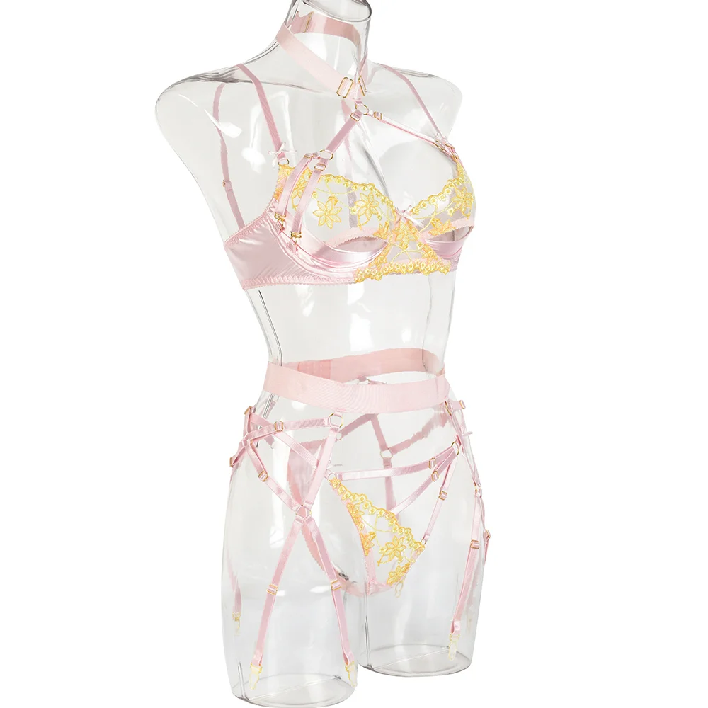 Billionm Sexy Lingerie Women Panties Bra Set Lace Hollow Out Underwear Pink Bandage Nightwear Erotic Porn Satin Lingerie Set Embroidery