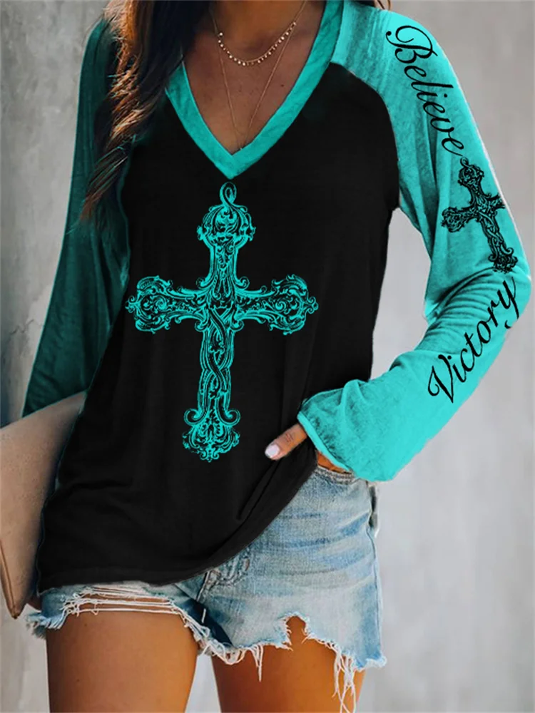 VChics Vintage Cross Believe & Victory Turquoise Contrast T Shirt