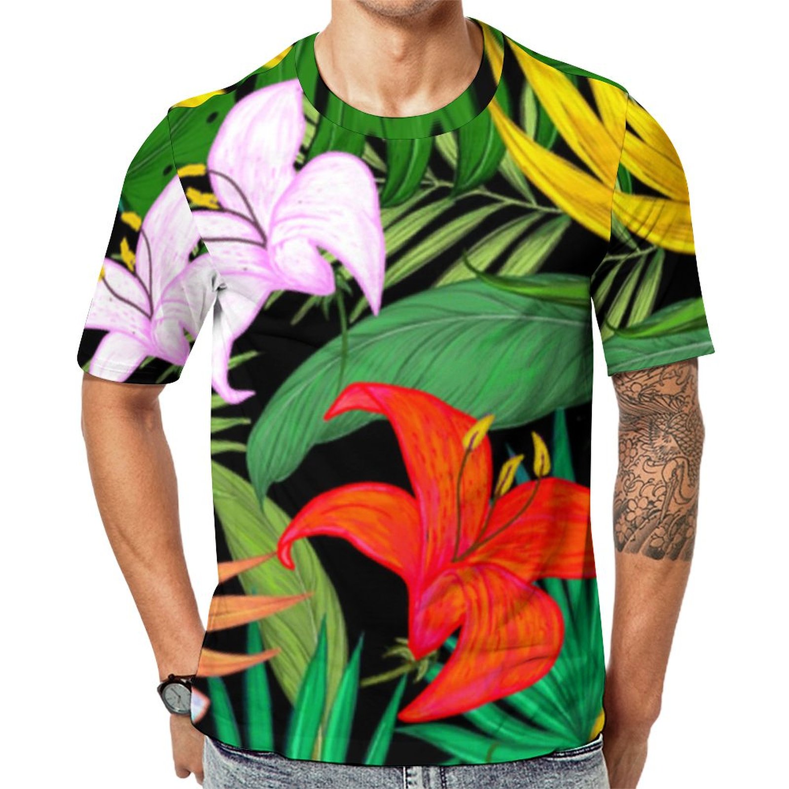 Multicolored Flowers Palm Leaves On Green Short Sleeve Print Unisex Tshirt Summer Casual Tees for Men and Women Coolcoshirts