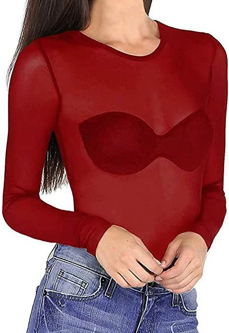 Uveng Uveng And Autumn New Black Full Transparent Net Gauze Bottom Shirt Female Long Sleeve Sexy Perspective Thin Net Shirt Super Elastic Gauze Clothes