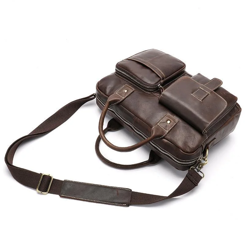 Men's Shoulder Bag Leather Large Capacity Retro Crossbody Bag Portable Briefcase