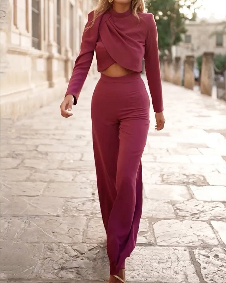 Casual Solid Color Long-sleeved Top & Pants Two-piece Set