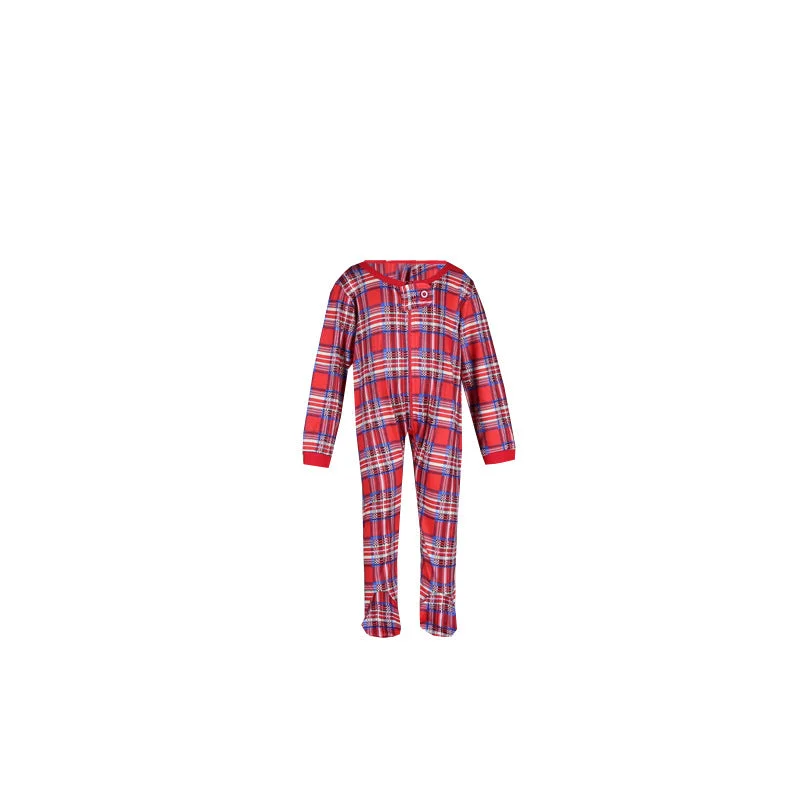 Christmas Long Sleeve Pure Red Top and Long Plaid Pants Family Matching Pajamas-2
