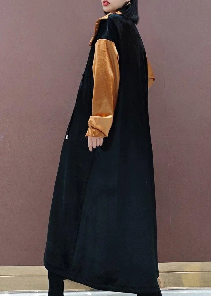 French Black Embroidery Tunic Stand Collar Patchwork Plus Size Spring Dresses