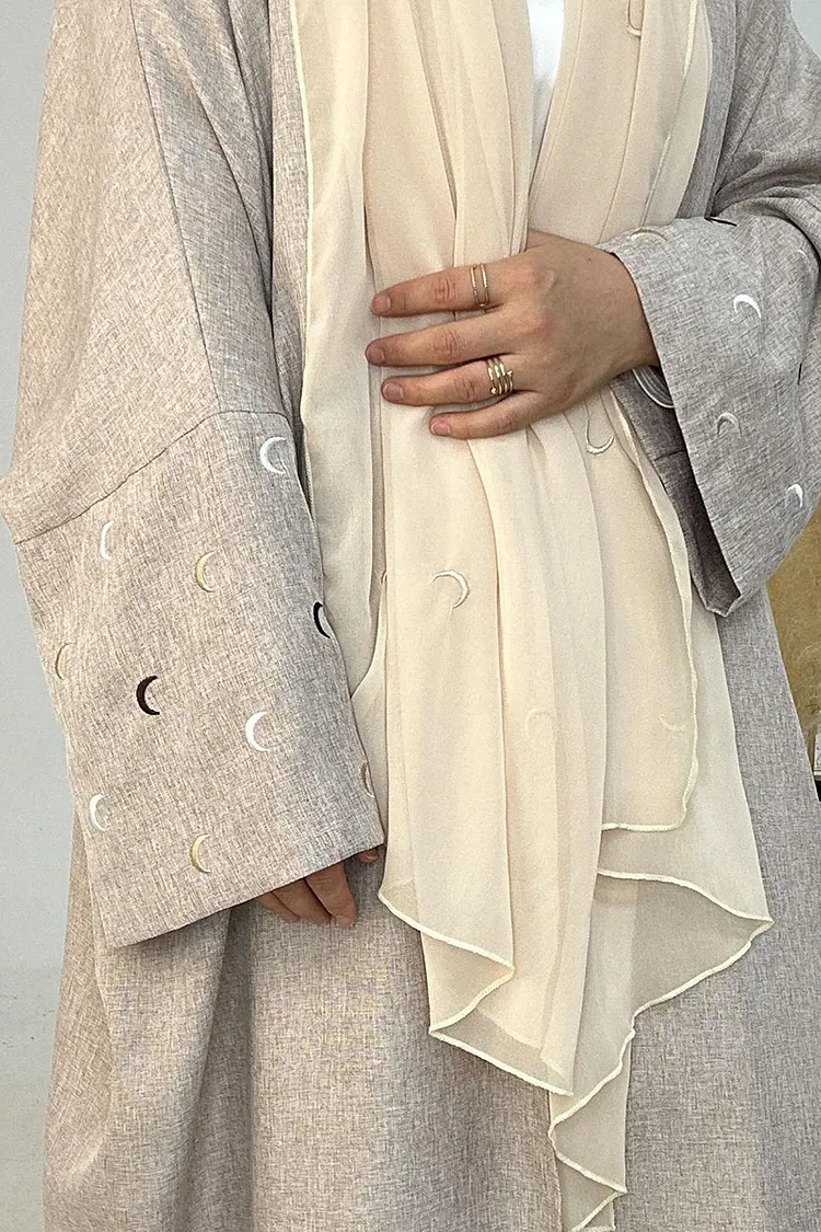 Colorblock Crescent Moon Embroidery Batwing Sleeve Abaya Long Cardigan
