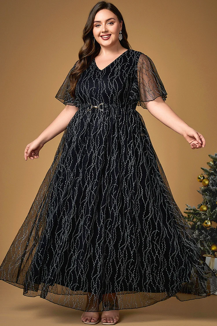 Flycurvy Plus Size Christmas Black Mesh Sparkly Sequin Ruffle Sleeve Tunic Maxi Dress