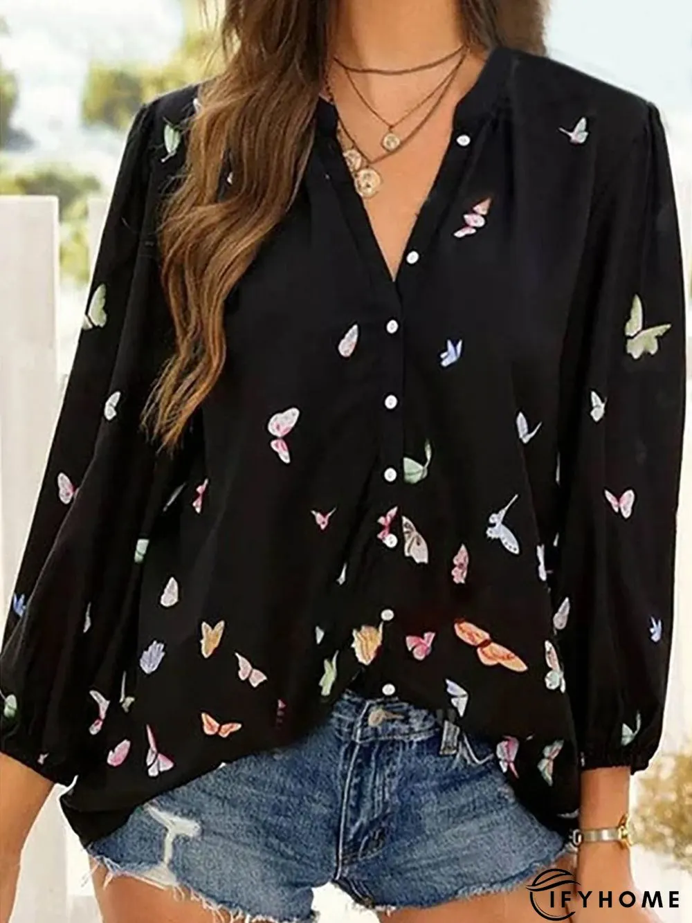 Colorful Butterfly Print Chiffon Long Sleeve Shirt | IFYHOME