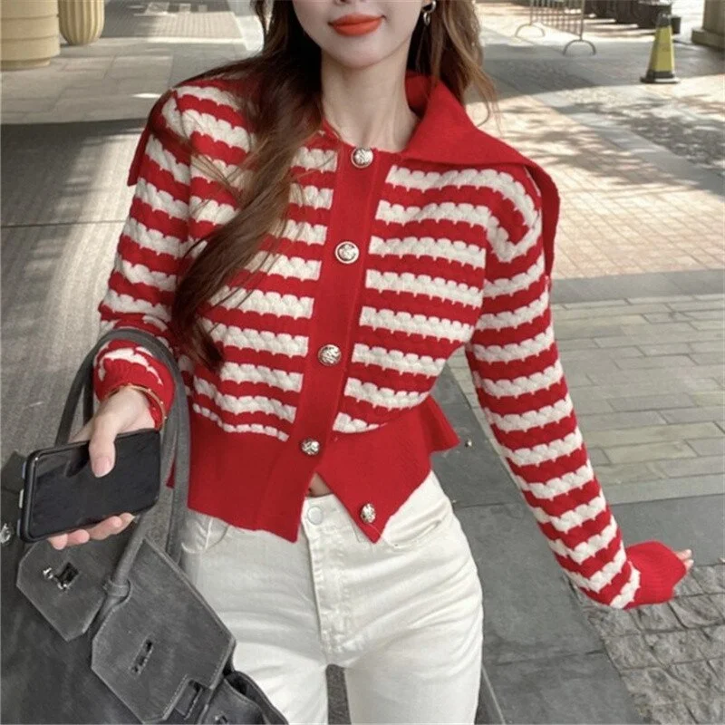 Jangj Female Long Sleeve Red Striped Knitted Cardigans Women Solid Color Sweet Winter Short Sweater Tops