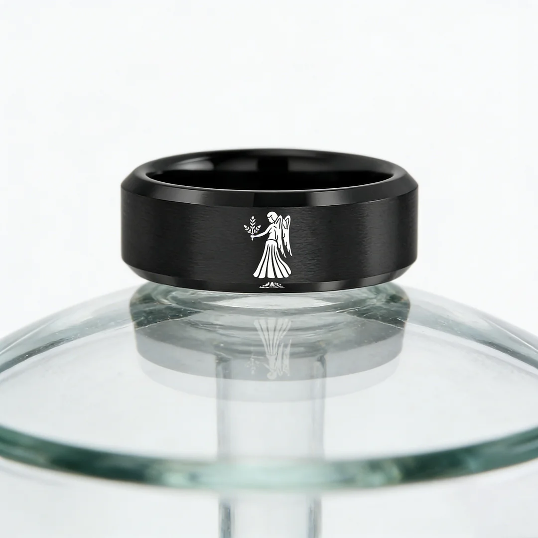 Beveled Edges Black Laser Etched Tungsten Carbide Rings Black Virgo Couple Wedding Band 4MM 6MM 8MM Width