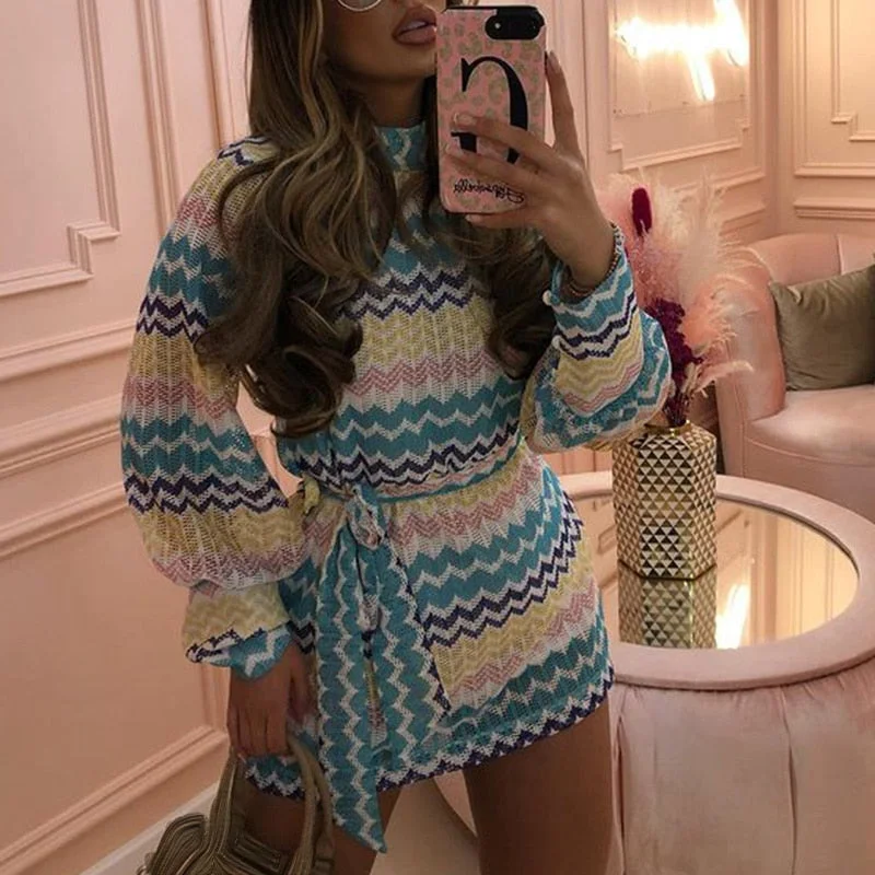 Panelled Dresses Women Fashion Adjustable Waist O Neck Mini Dress Women Elegant Knitted Striped Dresses Female Ladies