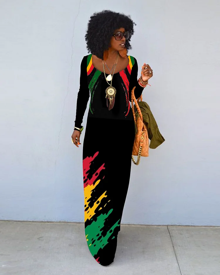 Black History Month Irregular Print Crew Neck Long Sleeve Dress