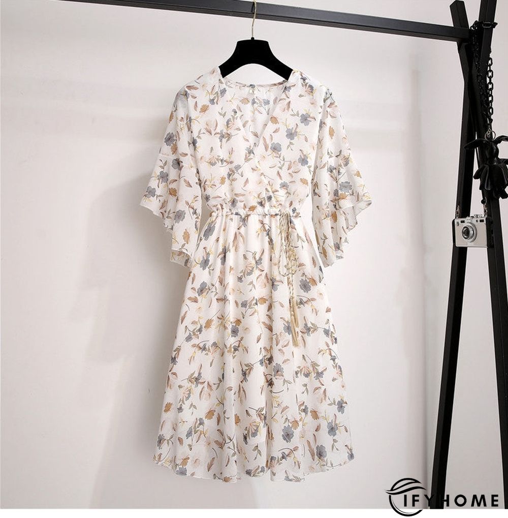 Spring Summer Chiffon Women V-Neck Floral Print Short Dresses Sweet Ruffle Sleeeve Slim Drawstring Ladies Dress | IFYHOME
